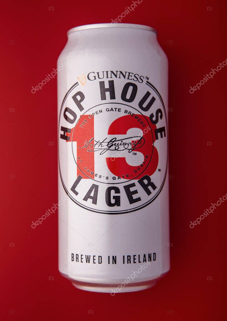 LONDON,UK - MARCH 10,2025: Aluminium can of Hop House 13 Lager beer on white background.