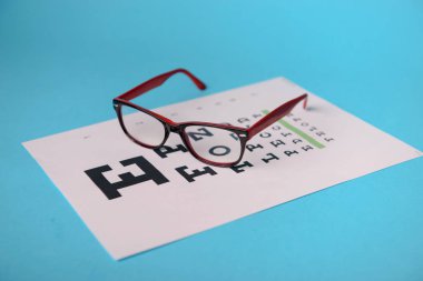 Snellen test çizelgesinde duran gözlüklerin görüntüsünü kapat