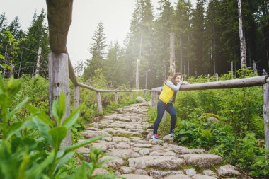 Esmer kadın yürüyüşçü yaz mevsiminde patikada yürüyüş yapıyor. Polonya 'daki Tatra Dağı.