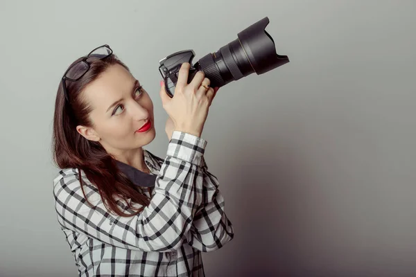 Woman Photographer Takes Images Isolated Gray Background — Stock Photo, Image