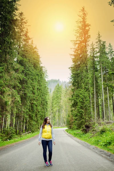 Mulher Morena Caminhante Caminhadas Trilha Hora Verão Montanha Tatra Polónia — Fotografia de Stock