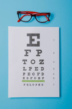 Snellen test çizelgesinde duran gözlüklerin görüntüsünü kapat