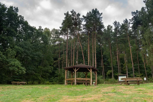 Dřevěné odpočívák před lesy — Stock fotografie