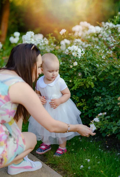 Mãe e filha felizes no parque. Cena da natureza da beleza com estilo de vida familiar ao ar livre. Família feliz descansando juntos na grama verde, se divertindo ao ar livre. Felicidade e harmonia na vida familiar — Fotografia de Stock