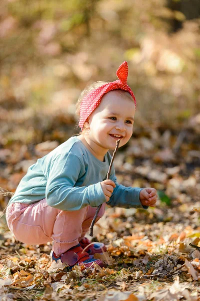 Urocza dziewczyna bawiąca się w piękny jesienny dzień — Zdjęcie stockowe