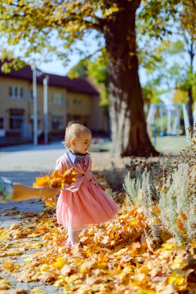 Menina adorável se divertindo no belo dia de outono. imagem de infância autêntica. — Fotografia de Stock