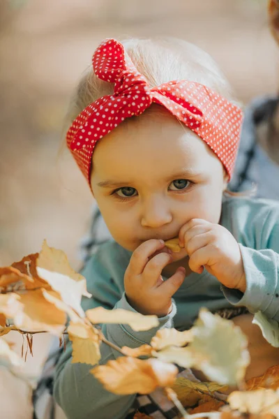 Menina adorável se divertindo no belo dia de outono. imagem de infância autêntica. — Fotografia de Stock
