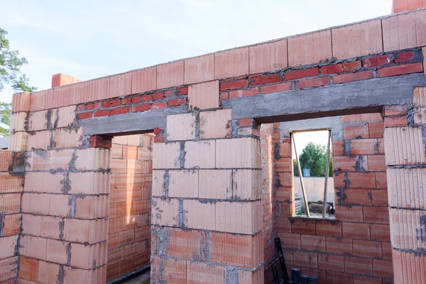 Intérieur Une Maison Brique Rouge Inachevée Murs Construction Sans Toiture — Photo