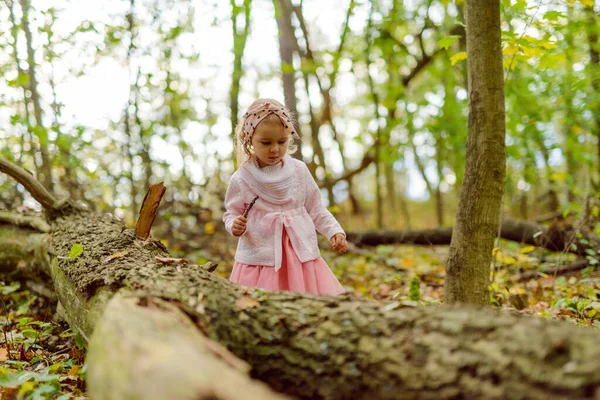 Hermosa Niña Jugando Parque Día Soleado Día Otoño — Foto de Stock