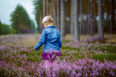 Sevimli kız güzel bir sonbahar gününde eğleniyor. otantik çocukluk resmi