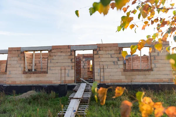 Intérieur Une Maison Brique Rouge Inachevée Murs Construction Sans Toiture — Photo