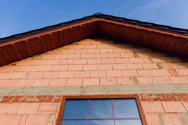 Intérieur Une Maison Brique Rouge Inachevée Murs Construction Sans Toiture — Photo