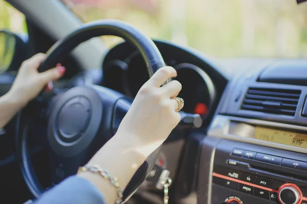 Female Hands Wheel Car Close — Stock Photo, Image