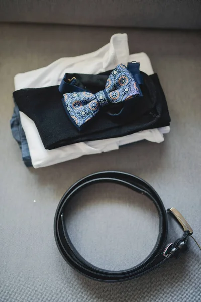 Groom Wedding Accessories Bow Tie Suit Cufflinks Belt Shoes — Stock Photo, Image