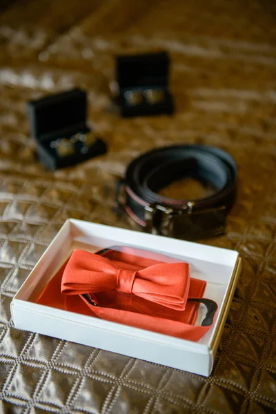 Groom Wedding Accessories Bow Tie Suit Cufflinks Belt Shoes — Stock Photo, Image