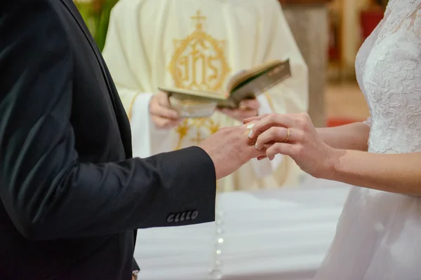 Bruden Och Brudgummen Bröllopsceremonin Sätta Vigselringar Fingrarna — Stockfoto