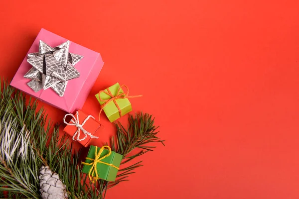 Natal Ano Novo Fundo Composição Simples Feita Decorações Natal Ramos — Fotografia de Stock