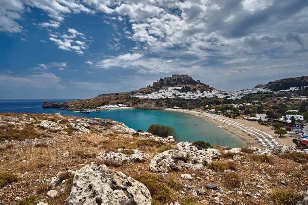 Middeleeuwse Burcht Witte Huizen Van Lindos Dorp Rhodos — Stockfoto