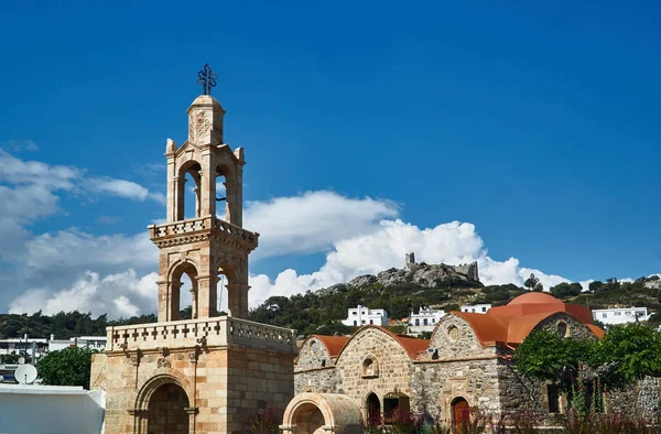 Bell Tower Pravoslavná Církev Zřícenina Kamenného Hradu Asklipio Ostrově Rhodos — Stock fotografie