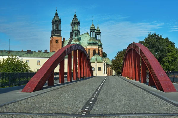 Steel Structure Bridge Towers Gothic Cathedral Poznan — Stock Photo, Image