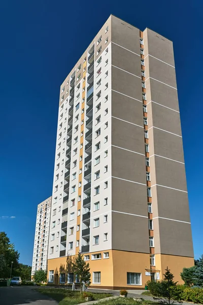 The facade of a residential high-rise buildings in Poznan