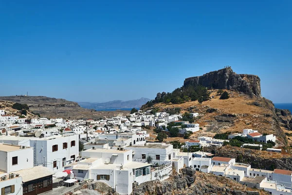 Rodos Taki Lindos Köyünün Ortaçağ Kalesi Beyaz Evleri — Stok fotoğraf