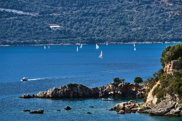 Sailboats Bay Greek Island Lefkada — Stock Photo, Image