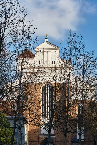 Fasad Gotisk Kyrka Bakom Träden Hösten Poznan — Stockfoto