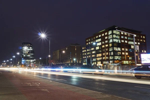 Modern Office Building Night Traffic Poznan — Stock Photo, Image