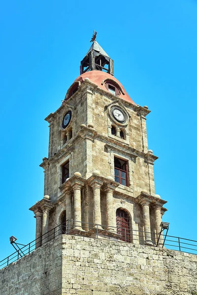 Zabytkowej Wieży Zegarowej Mieście Rodos Rodos — Zdjęcie stockowe