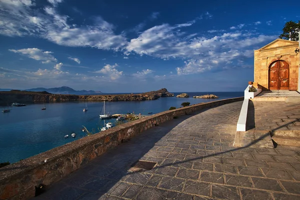 Toegang Tot Het Historische Huis Uitzicht Baai Stad Lindos Het — Stockfoto