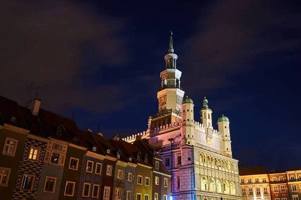 Historic Tenement Houses Renaissance Town Hall Tower Night Poznan — Stock Photo, Image