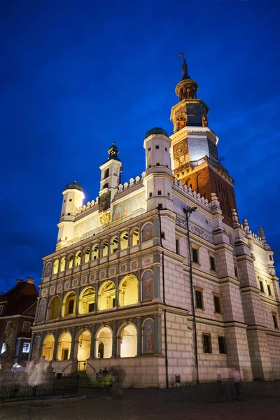 Renässansens Rådhustorn Med Klocka Natten Poznan — Stockfoto