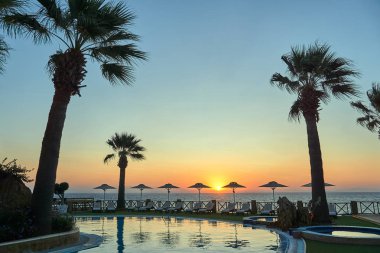 Yunanistan 'ın Zakynthos adasının sahilinde gün doğumunda yüzme havuzu üzerinde palmiye ağaçları