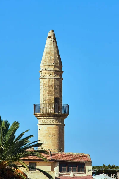 Minareto Della Moschea Turca Nella Città Rethymno Sull Isola Creta — Foto Stock
