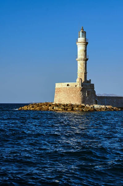 Faro Histórico Puerto Viejo Por Noche Chania Creta —  Fotos de Stock