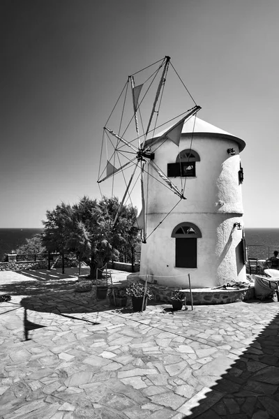 Traditionele Historische Stenen Windmolen Het Griekse Eiland Zakynthos Zwart Wit — Stockfoto
