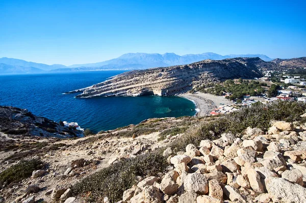 Matala Bay Rock Beach Ostrově Kréta Řecku — Stock fotografie