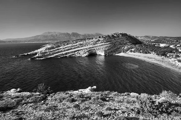 Baie Matala Rocher Plage Sur Île Crète Grèce Noir Blanc — Photo