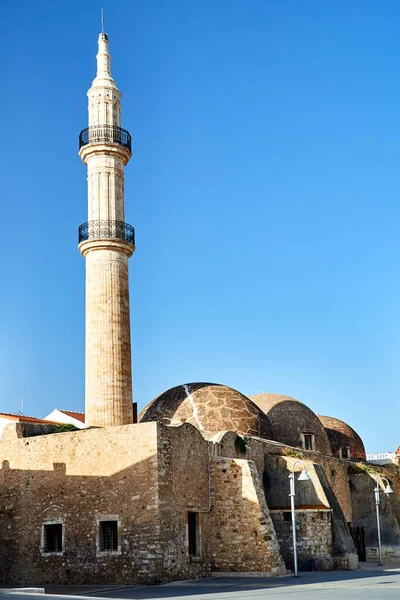 Turecký Minaret Mešita Městě Rethymnon Ostrově Kréta — Stock fotografie