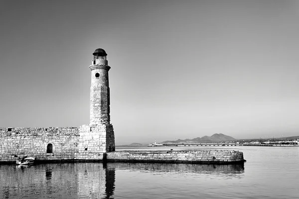 Stenen Muur Historische Vuurtoren Haven Van Rethymnon Kreta Zwart Wit — Stockfoto