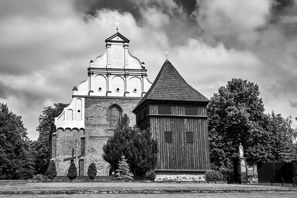 Trä Klockstapel Den Historiska Gotiska Kyrkan Poznan Svart Och Vitt — Stockfoto