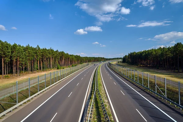 Une Autoroute Bitumineuse Deux Voies Traversant Forêt Pologne — Photo