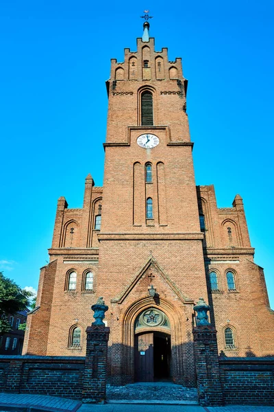 Historique Église Gothique Brique Rouge Avec Clocher Dans Ville Skwierzyna — Photo