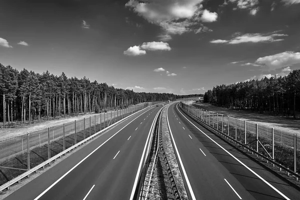 Two Lane Asphalt Expressway Crossing Forest Poland Black White — Stock Photo, Image