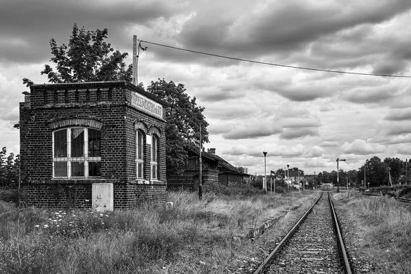 Destroyed Abandoned Railway Station Village Trzemeszno Lubuskie Poland Black White — Stock Photo, Image