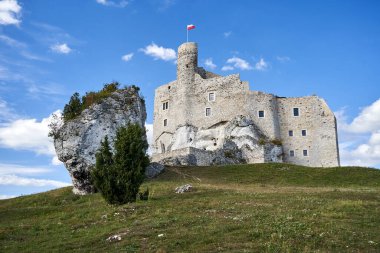 Polonya 'nın Mirow kasabasında yeniden inşa edilen kireçtaşı kayalıklarındaki ortaçağ şatosu
