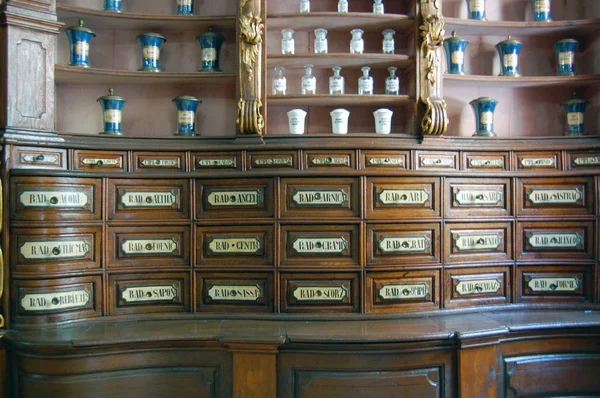 Hungary Budapest September 2017 Aged Furniture Fekete Sas Pharmacy Museum — Stock Photo, Image