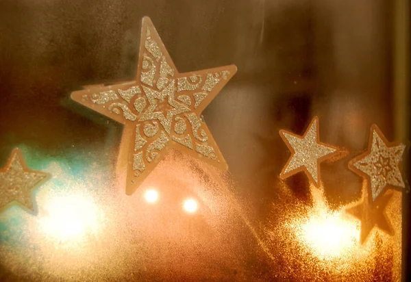 Estrellas Doradas Navidad Sobre Fondo Borroso Luces — Foto de Stock
