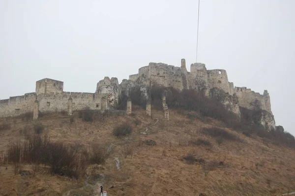 Vista Panorámica Del Castillo Spis Con Cielo Gris Sobre Fondo — Foto de Stock